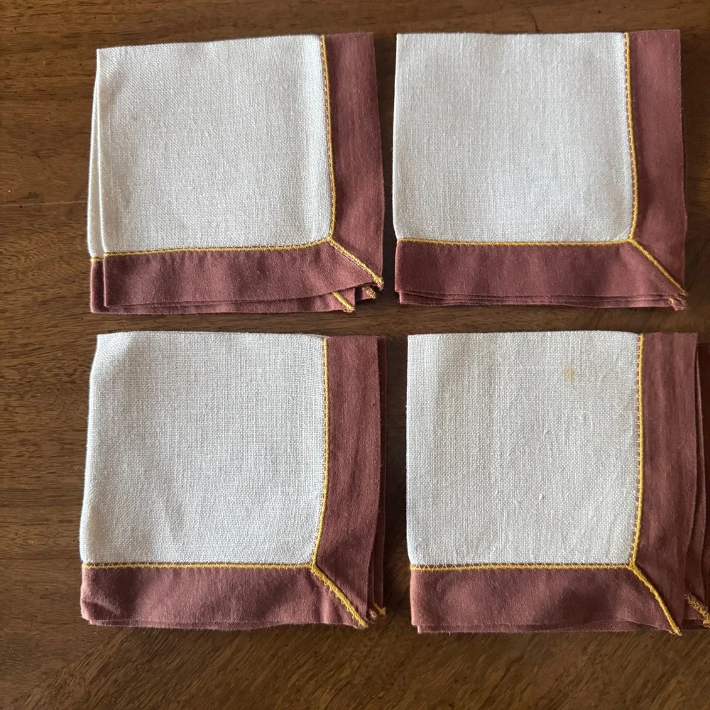 Vintage Embroidered Linen Napkin Set with Rose Floral Design Square Bistro Table